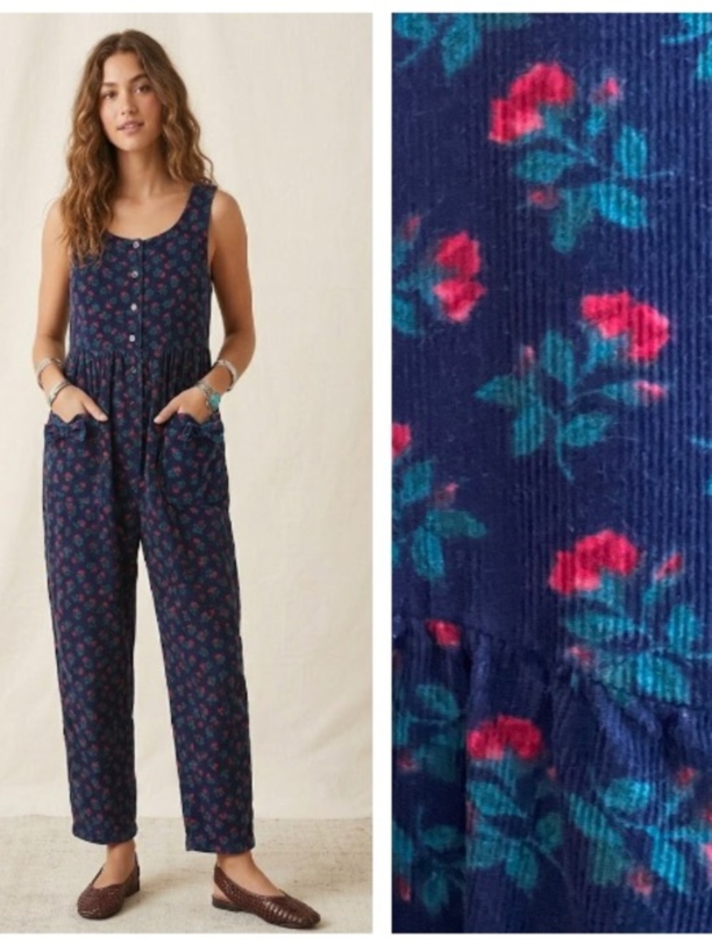 Vintage 90s Laura Ashley Blue Floral Corduroy Jumpsuit Cottagecore Lagenlook Med